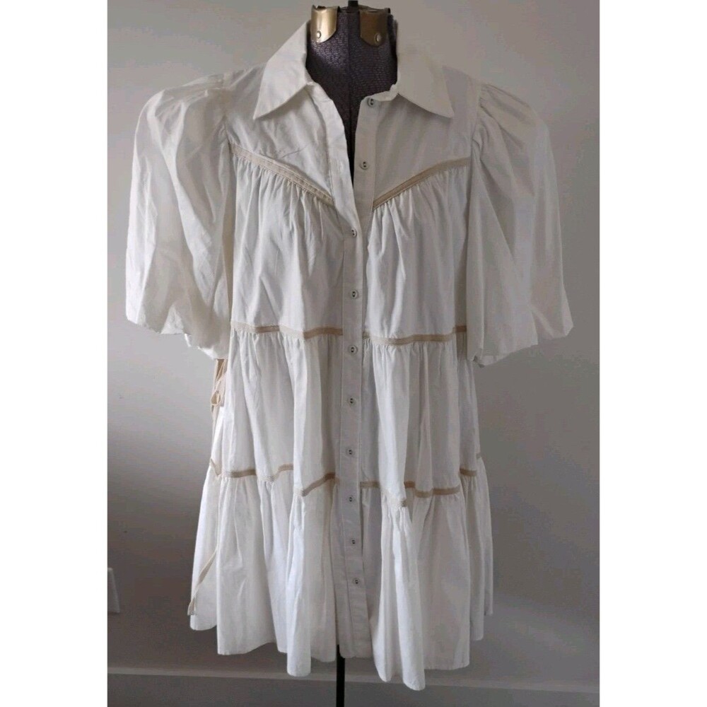 Sofie The Label Dress Women's S White Tan Ties Balloon Short Sleeves Lined EUC